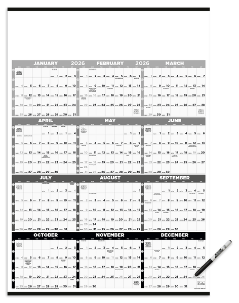 Triumph® Calendars Black & White Time Management Span-A-Year Laminated w/Marker Calendar